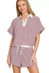 Zenana Stripe Contrast Trim Collared Top & Shorts Set in Cabernet