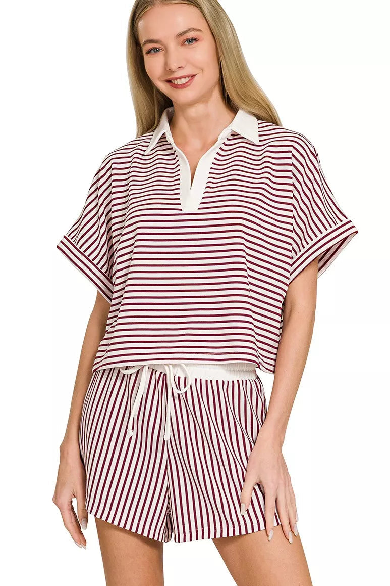 Zenana Stripe Contrast Trim Collared Top & Shorts Set in Cabernet