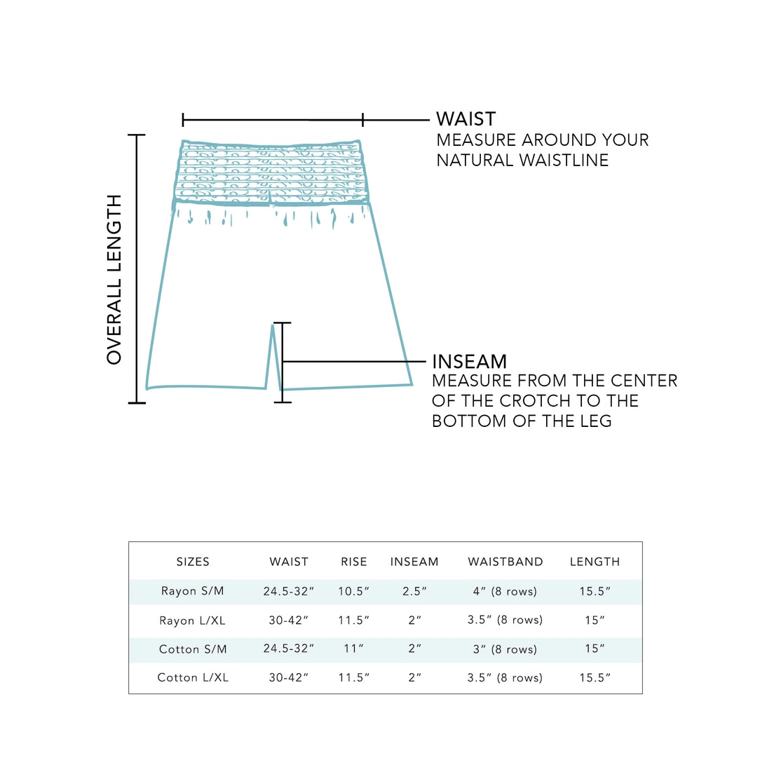 Lotus and Luna Shorts Size Chart