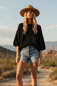 Sewn and Seen Effortlessly Chic Short Sleeve Sweater Knit Top in Black