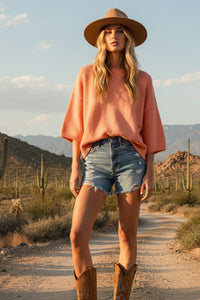 Sewn and Seen Effortlessly Chic Short Sleeve Sweater Knit Top in Peach