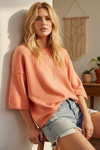 Sewn and Seen Effortlessly Chic Short Sleeve Sweater Knit Top in Peach