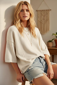 Sewn and Seen Effortlessly Chic Short Sleeve Sweater Knit Top in Off White