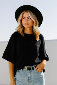 Sewn and Seen Effortlessly Chic Short Sleeve Sweater Knit Top in Black