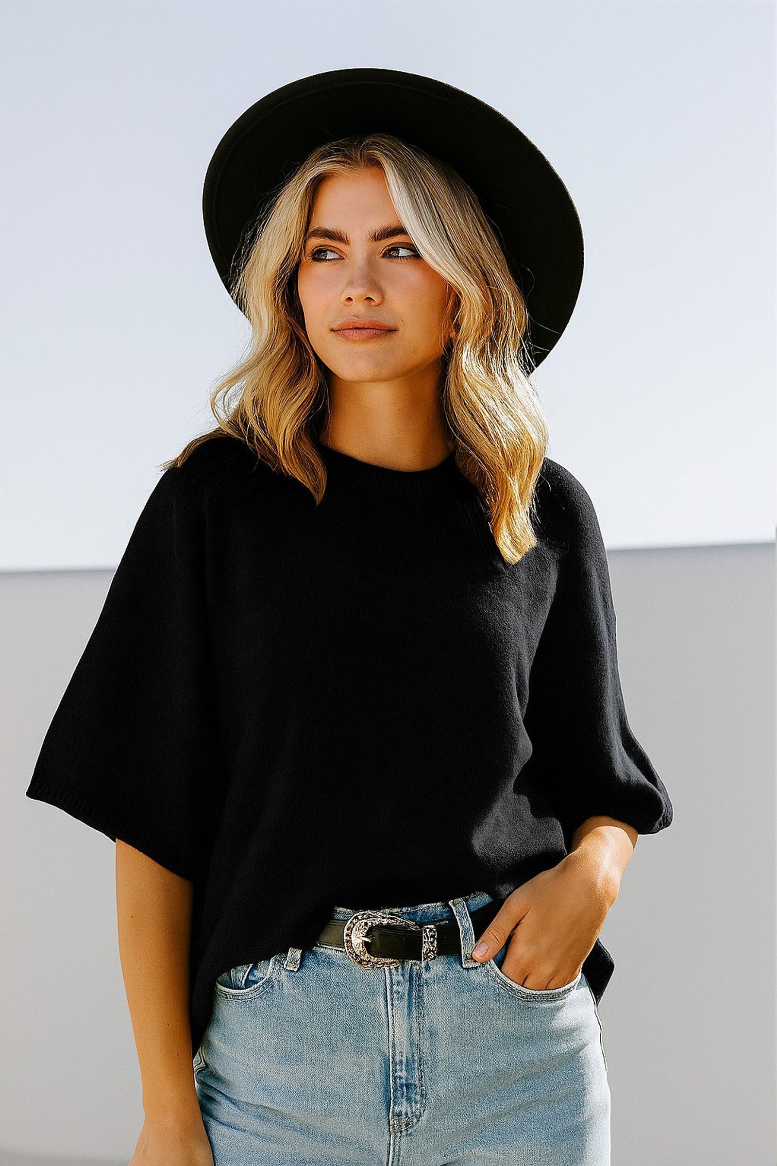 Sewn and Seen Effortlessly Chic Short Sleeve Sweater Knit Top in Black