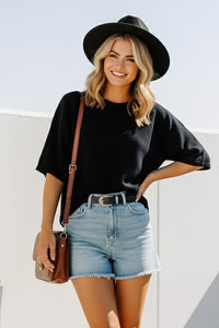 Sewn and Seen Effortlessly Chic Short Sleeve Sweater Knit Top in Black