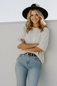 Sewn and Seen Effortlessly Chic Short Sleeve Sweater Knit Top in Off White