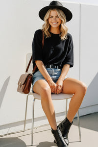 Sewn and Seen Effortlessly Chic Short Sleeve Sweater Knit Top in Black