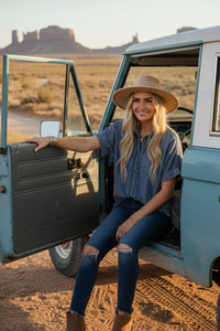 Sewn and Seen Frayed Trim Denim Button Down Top