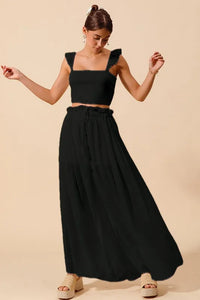 Smocked Top and Flowy Maxi Skirt Set in Black
