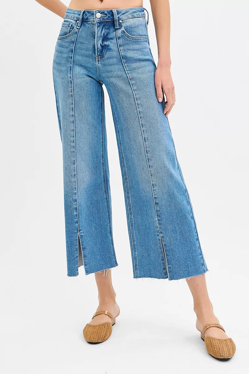 Risen Mid Rise Tummy Control Crop Wide Leg Front Slit Jeans