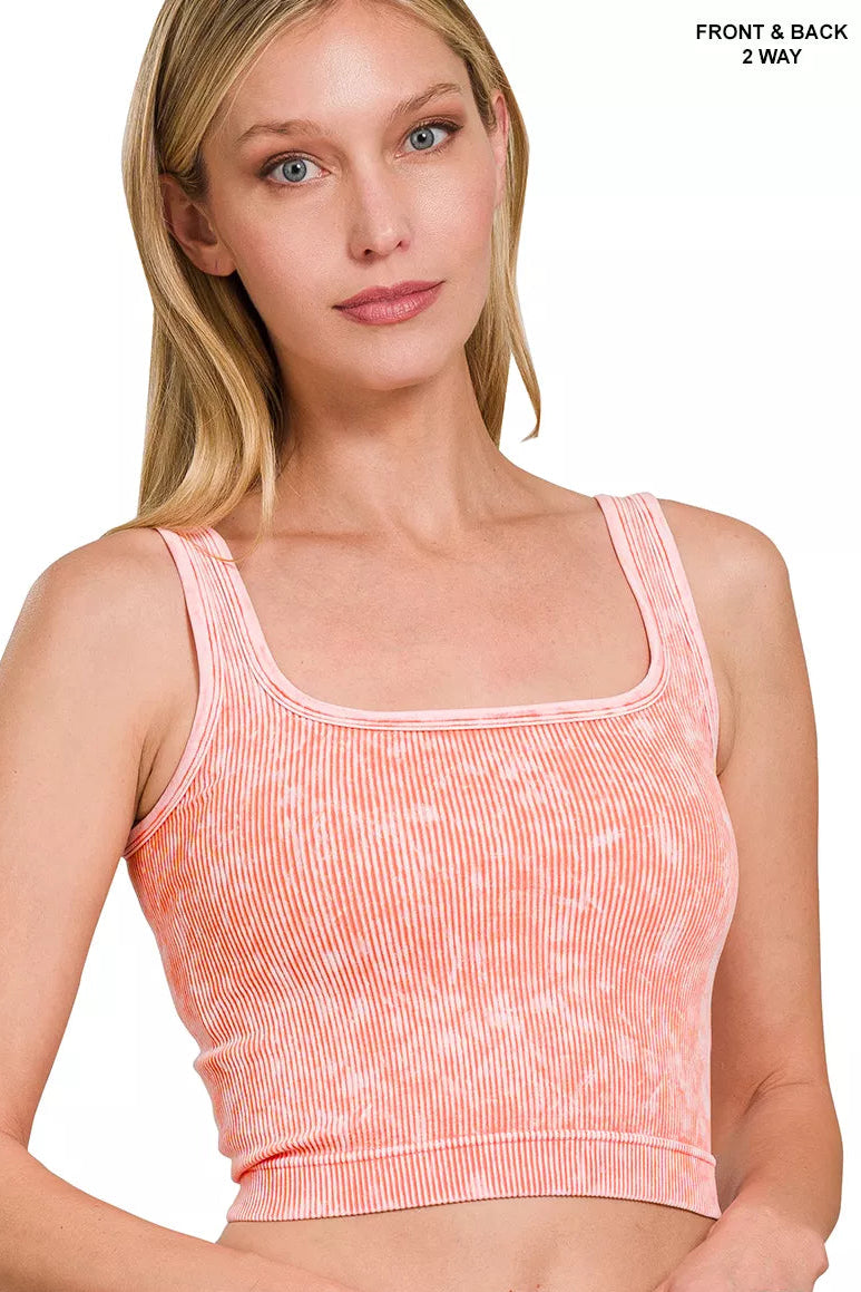 Zenana Washed Two-Way Neckline Ribbed Tank in Coral