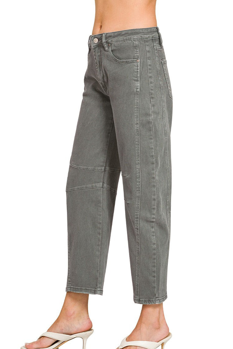 Zenana Mid Rise Barrel Leg Color Denim Pants in Ash Black DMP-1758A