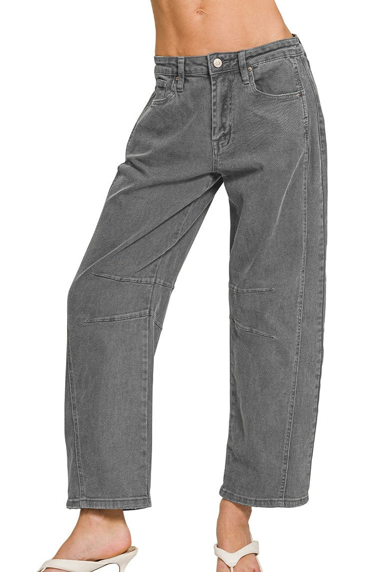 Zenana Mid Rise Barrel Leg Color Denim Pants in Ash Black DMP-1758A