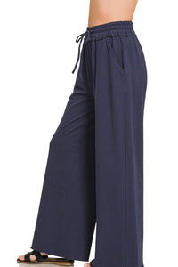 Zenana Exposed Seam French Terry Wide Leg Sweatpants - Navy