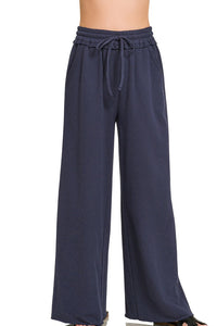 Zenana Exposed Seam French Terry Wide Leg Sweatpants - Navy
