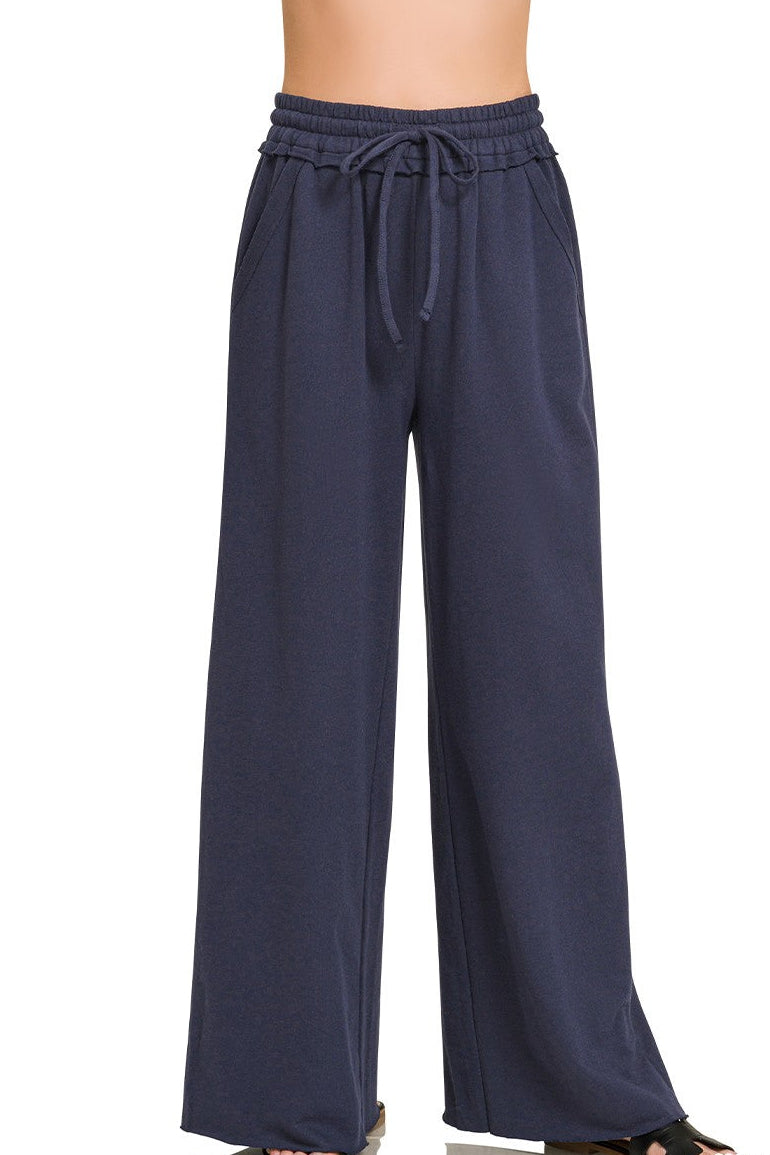 Zenana Exposed Seam French Terry Wide Leg Sweatpants - Navy