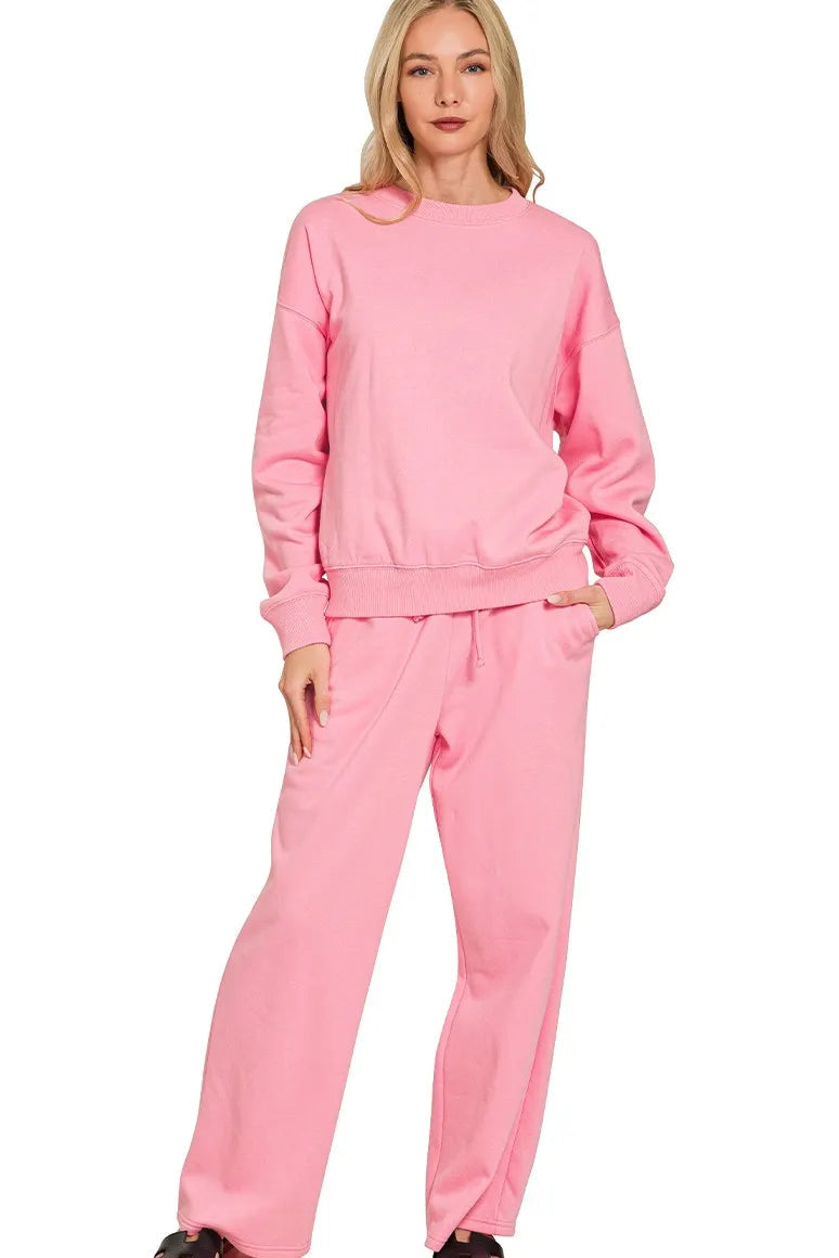 Zenana Fleece Long Sleeve Pullover and Sweatpants Set in Dark Pink