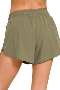 Zenana Woven Lined Shorts with Zip Coin Pocket in Dusty Olive