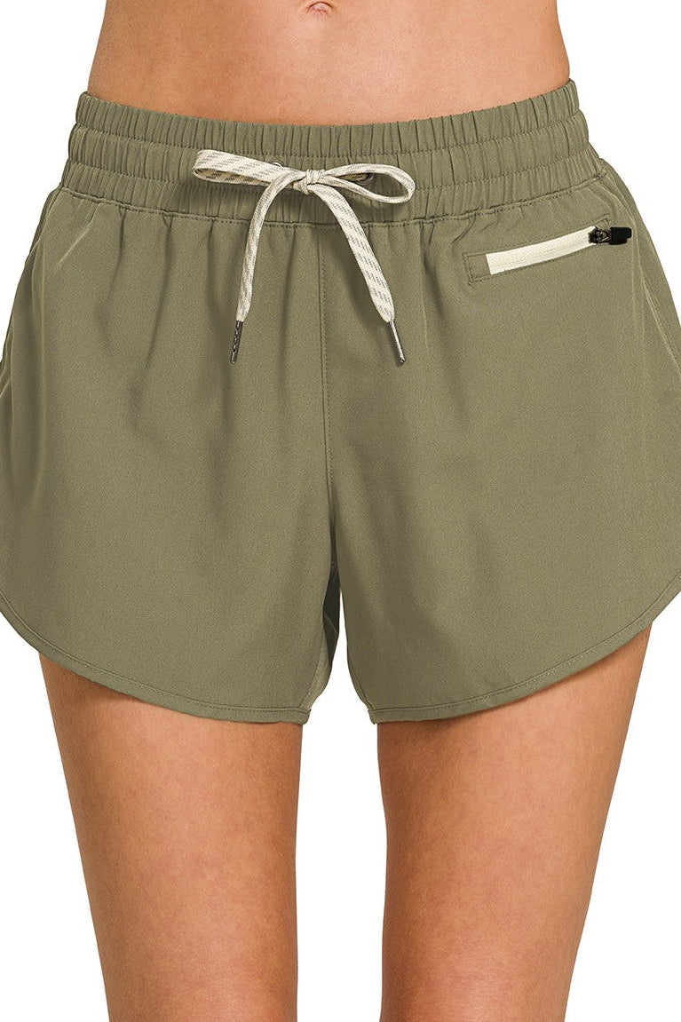 Zenana Woven Lined Shorts with Zip Coin Pocket in Dusty Olive