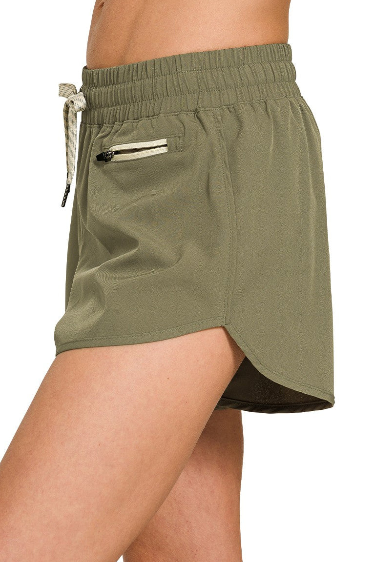 Zenana Woven Lined Shorts with Zip Coin Pocket in Dusty Olive