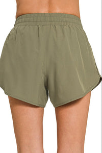 Zenana Woven Lined Shorts with Zip Coin Pocket in Dusty Olive