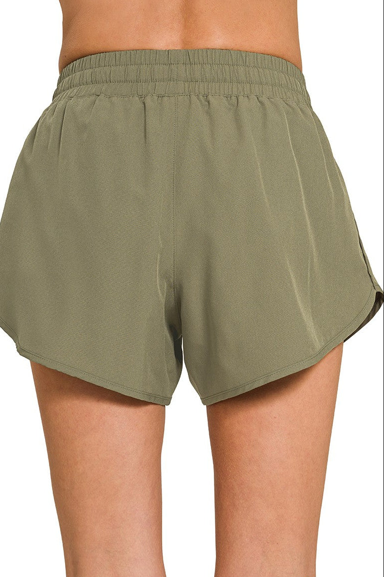 Zenana Woven Lined Shorts with Zip Coin Pocket in Dusty Olive