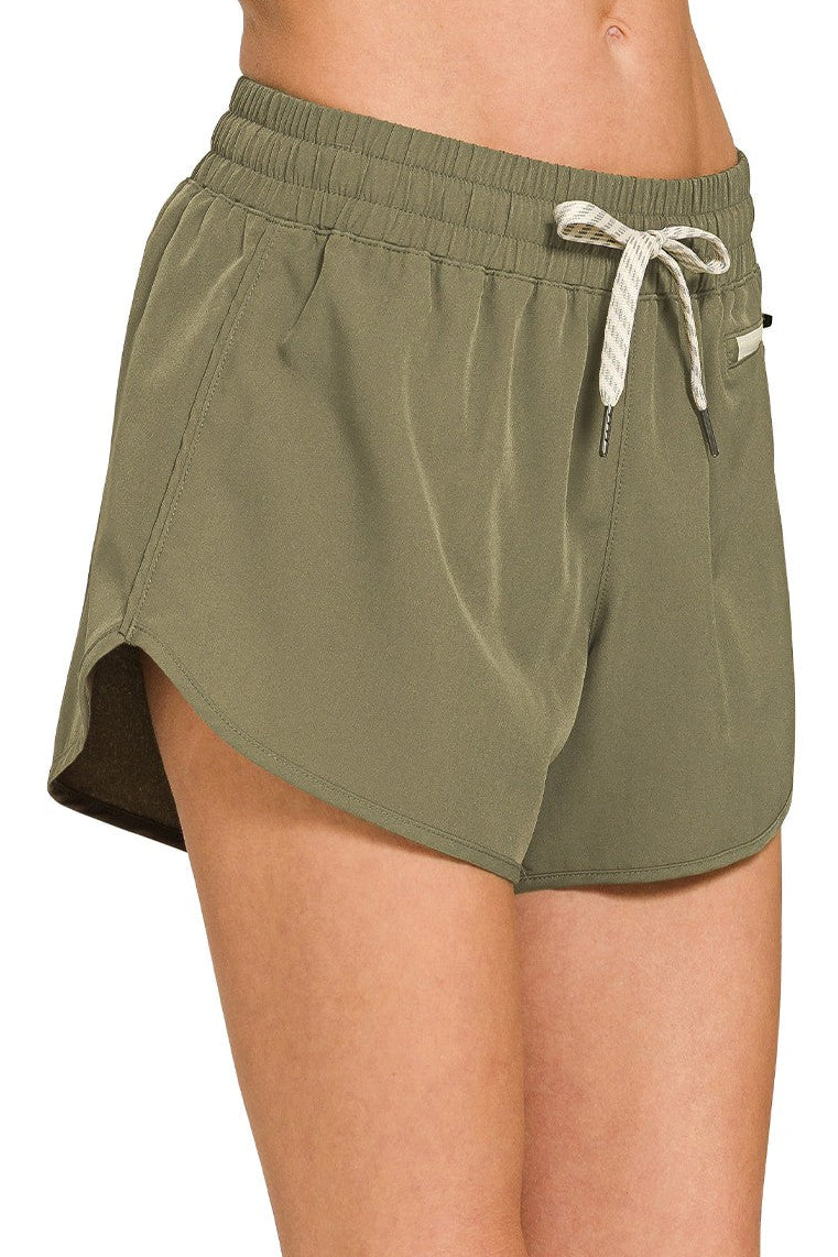 Zenana Woven Lined Shorts with Zip Coin Pocket in Dusty Olive