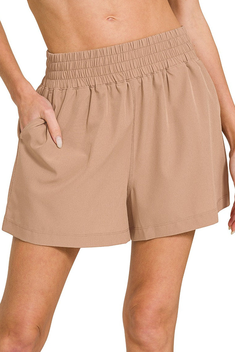 Zenana Woven Lined Shorts with Pockets in Cocoa