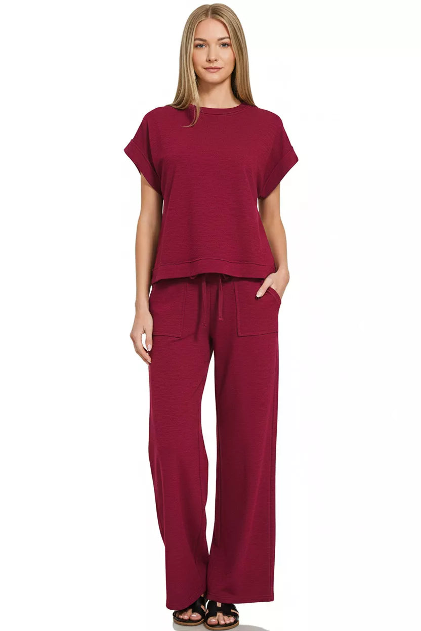 Cotton Slub Short Sleeve Tee and Pants Set in Cabernet