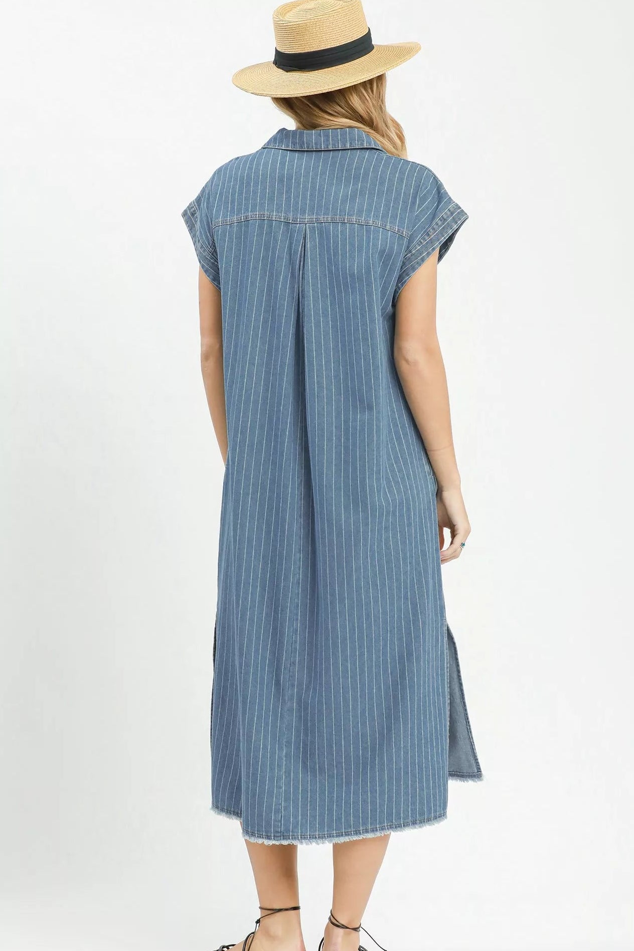 Umgee Pinstripe Denim Collared Midi Dress with Side Slits