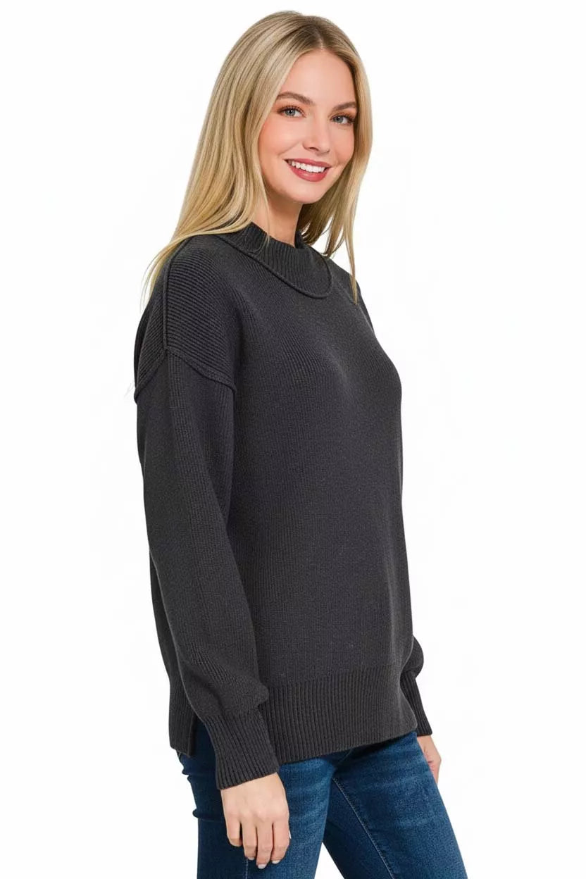 Black Wide Neck Banded Drop Shoulder Sweater