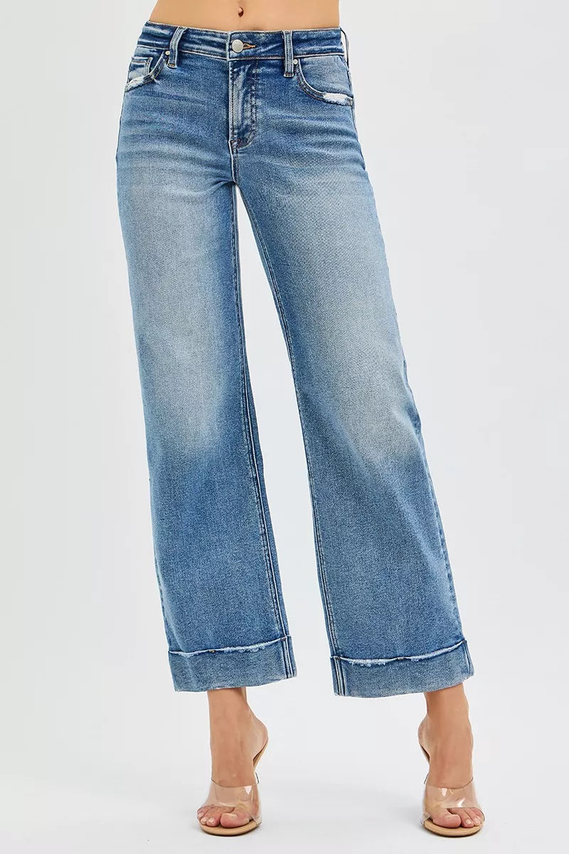 Risen Mid Rise Crop Straight Taylor Cuffed Jeans