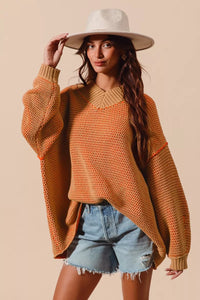 So Me Oversized Two Tone Textured V-Neck Sweater