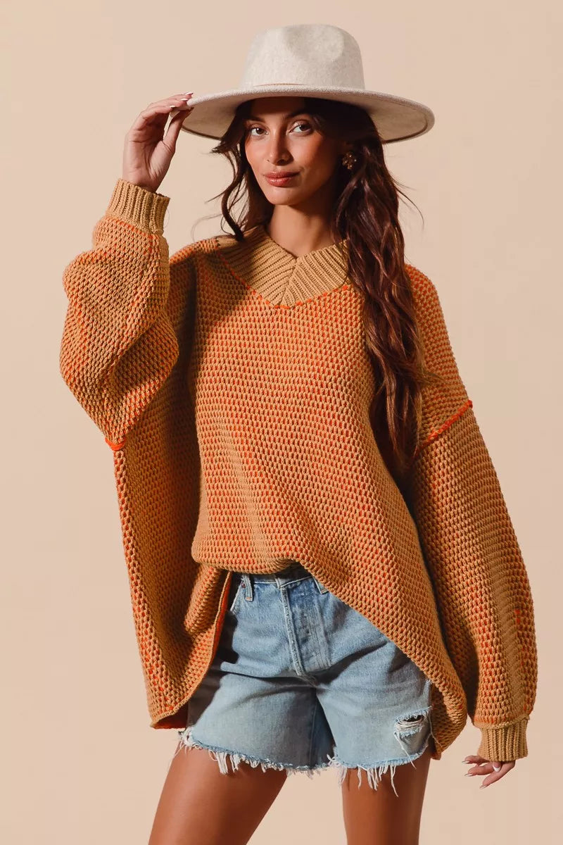 So Me Oversized Two Tone Textured V-Neck Sweater