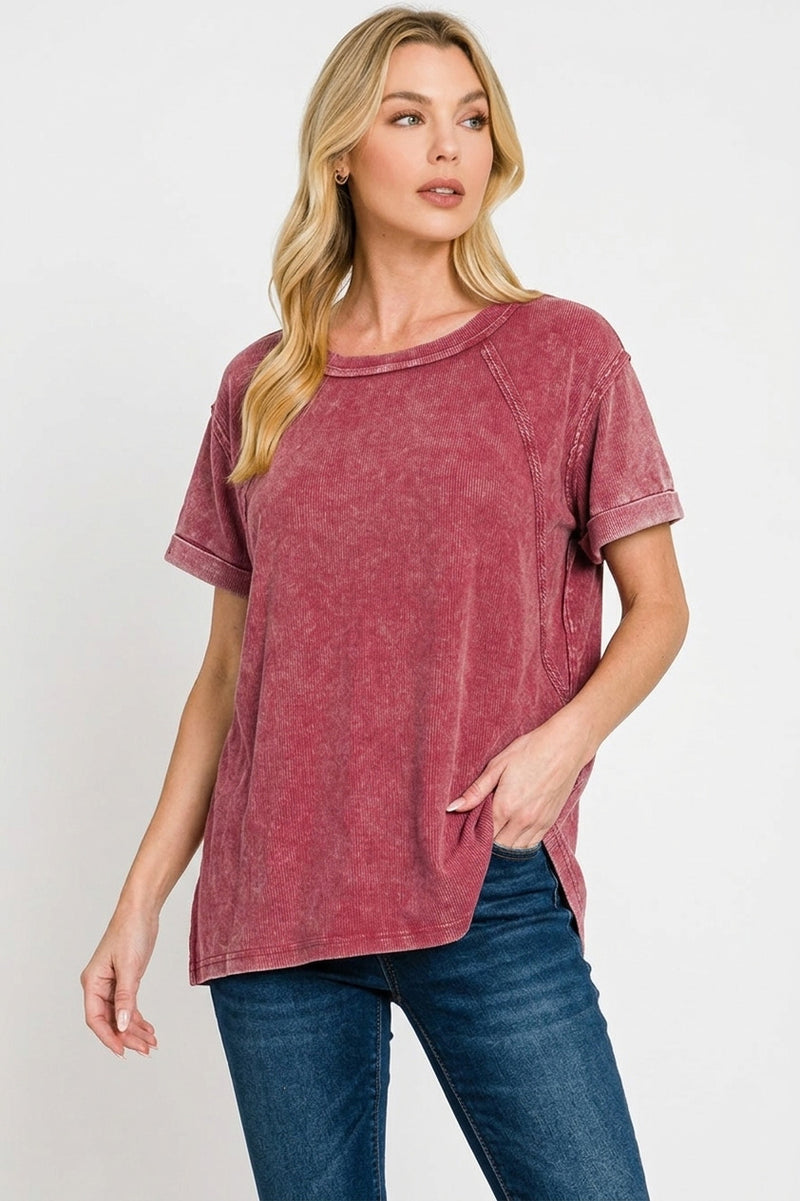 Washed Ribbed Cuffed Short Sleeve Knit Top in Cabernet