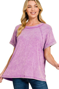 Zenana Washed Ribbed Short Sleeve Knit Top in Violet
