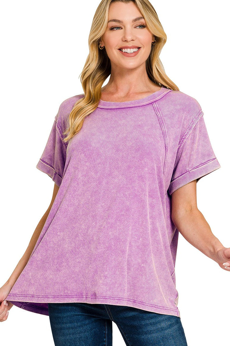 Zenana Washed Ribbed Short Sleeve Knit Top in Violet