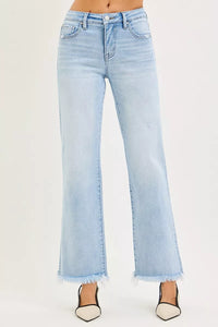 Risen Mid Rise Tummy Control Straight Leg Fray Hem Jeans