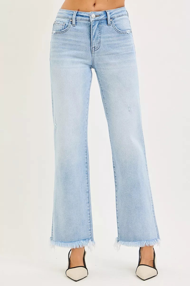 Risen Mid Rise Tummy Control Straight Leg Fray Hem Jeans