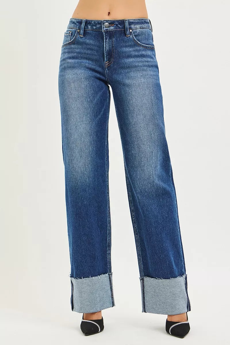 Risen Mid Rise Straight Wide Cuff Jeans