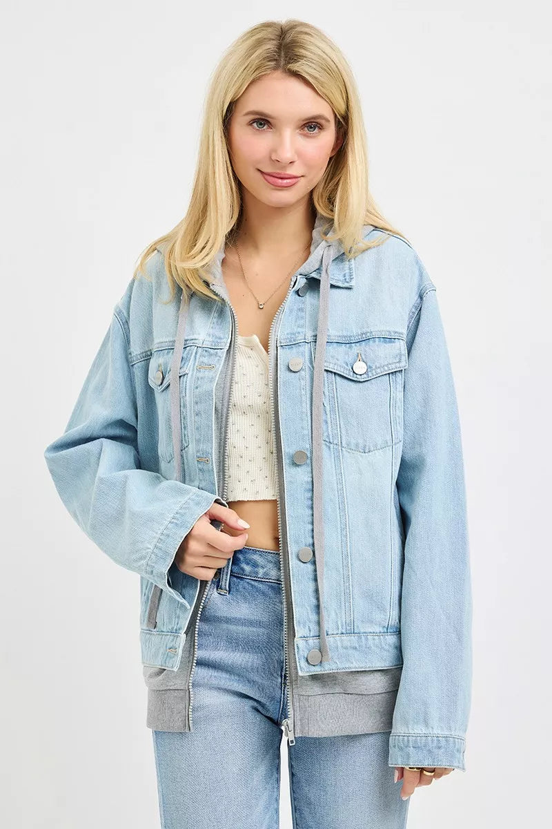 Risen Oversized Denim Jacket with Hoodie Lining - Light Wash