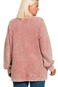 Acid Washed Double Ribbed Hi-Low Pullover Sweatshirt in Winter Rose