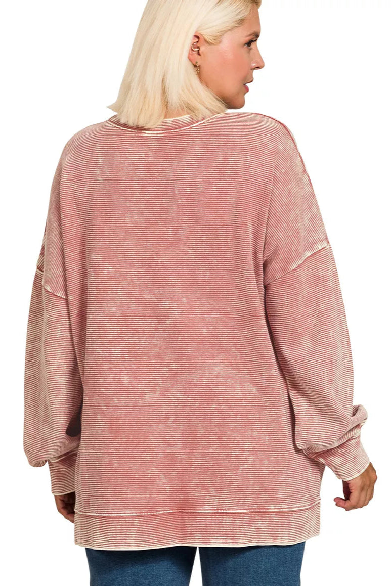 Acid Washed Double Ribbed Hi-Low Pullover Sweatshirt in Winter Rose
