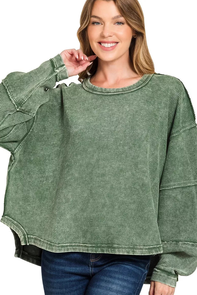 Zenana Acid Washed Exposed Seam Pullover in Dark Green