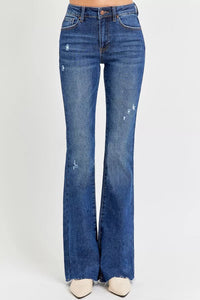 Risen Mid Rise Subtle Distressed Dark Wash Flare Jeans