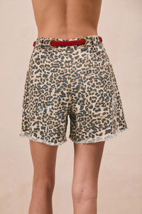 Bibi Leopard Print Shorts with Braided Waist Belt and Patch Pockets