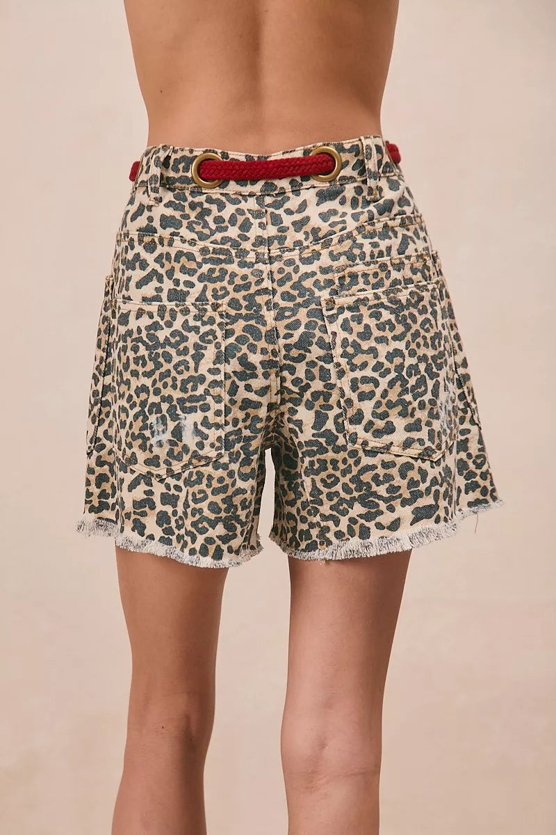 Bibi Leopard Print Shorts with Braided Waist Belt and Patch Pockets