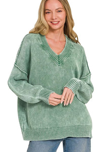 Zenana Washed V-Neck Oversized Sweater - Dark Green
