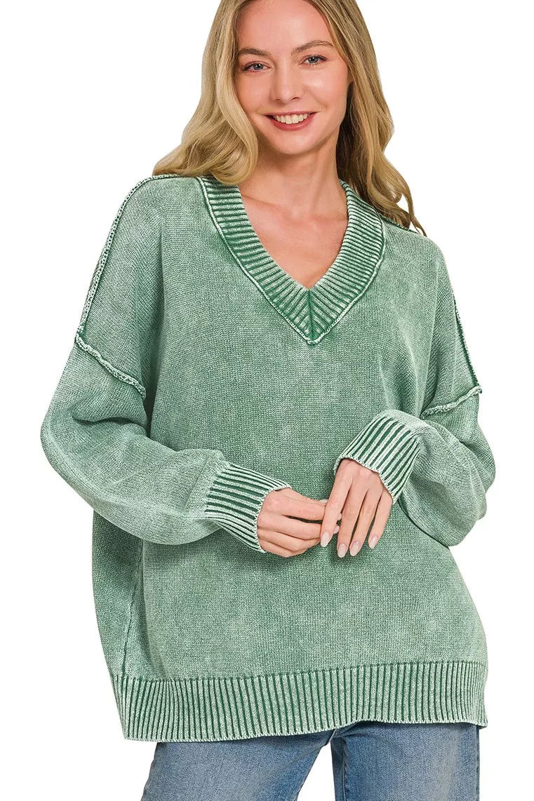 Zenana Washed V-Neck Oversized Sweater - Dark Green